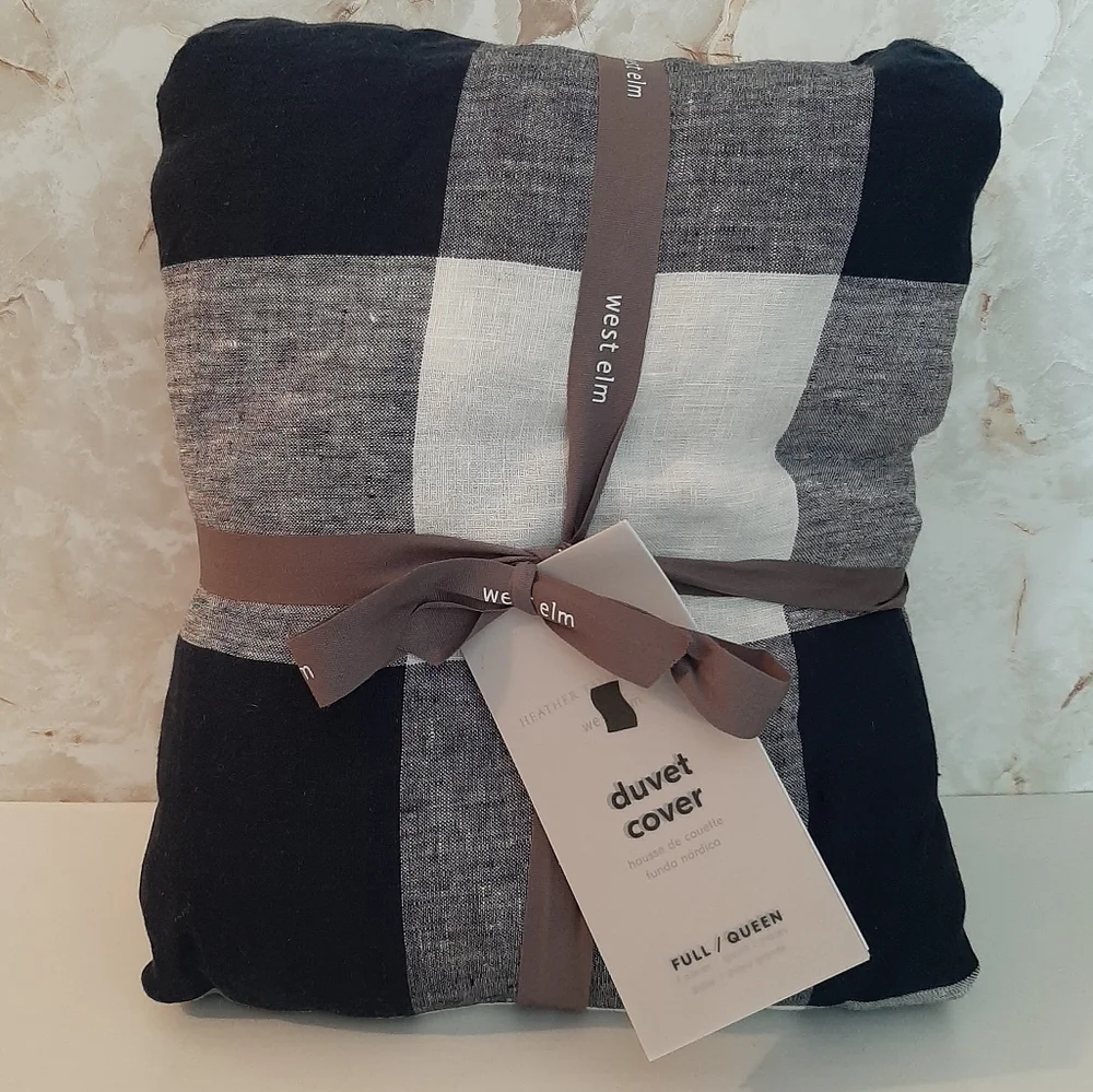 West Elm Heather Taylor Home Gingham Full Queen Linen Duvet Cover Midnight